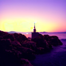 Chitra Tiny output: a lighthouse on dark rocks against a purple and yellow sunset sky