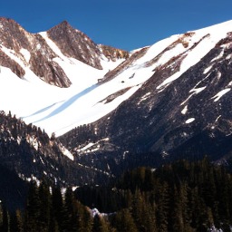 Snowy mountain slopes above a pine forest