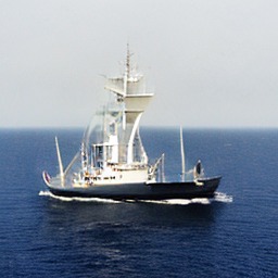 A white ship with masts on a dark blue sea