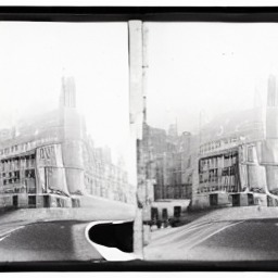 A grainy black and white view down a street of tall buildings