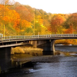 A bridge over a river with orange autumn trees