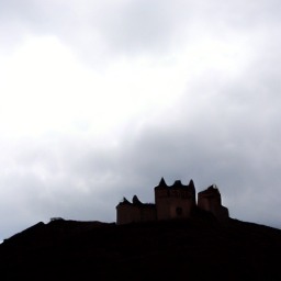 A dark castle silhouette on a hill under grey clouds