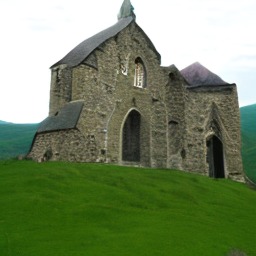 “an old stone church in a green valley”, seed 0, guidance 7