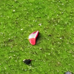 Grass with a small red fragment, no frisbee